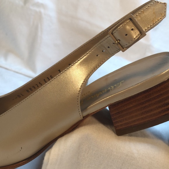 Salvatore Ferragamo “Balzac” Gazella/Gold Satin Finish Calf, 1.5” Heel, Open Toe - Picture 10 of 15